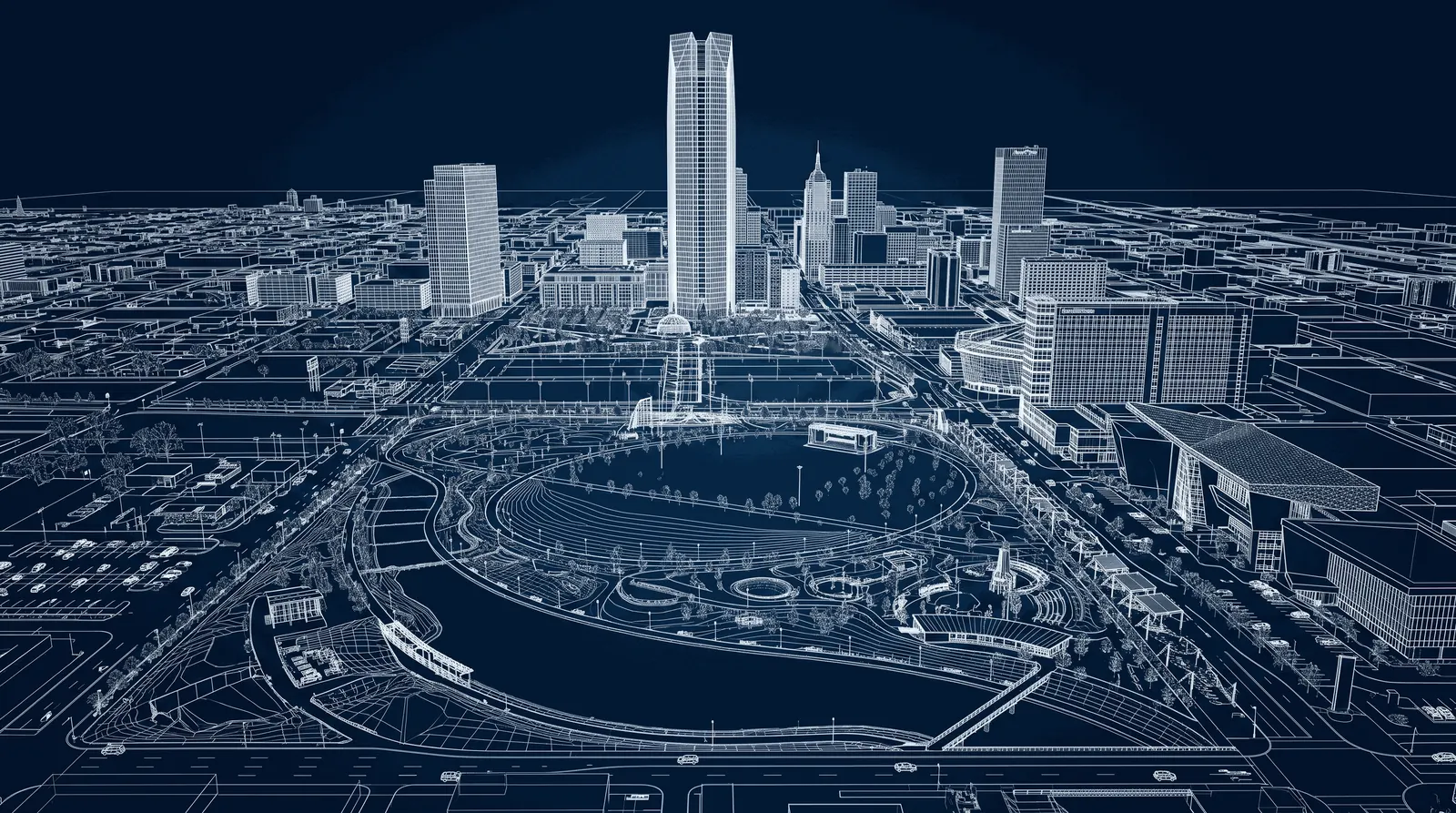 Wireframe drawing of downtown Oklahoma City: Devon Tower, the Myriad Gardens and Scissortail Park.