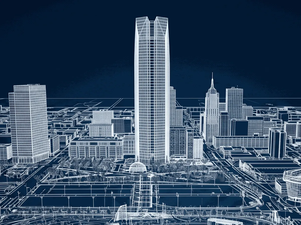 Devon Tower and the downtown core, a detail of the BLC wireframe drawing of Oklahoma City.